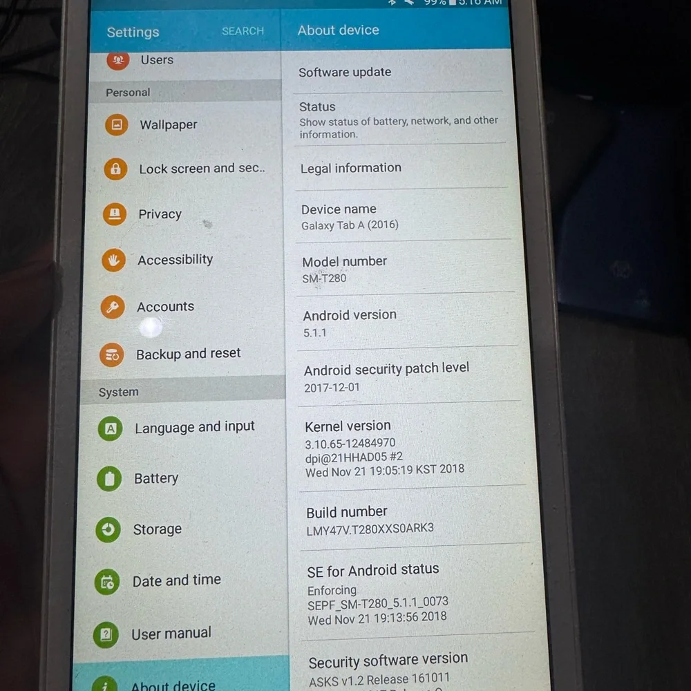 Samsung White Tablet with Blue Display galaxy tab A